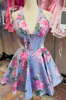Load image into Gallery viewer, Floral Blue Corset Halter Printed Cut Out Short Cocktail Dress