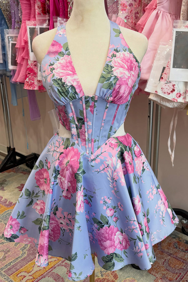 Load image into Gallery viewer, Floral Blue Corset Halter Printed Cut Out Short Cocktail Dress