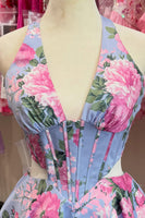 Load image into Gallery viewer, Floral Blue Corset Halter Printed Cut Out Short Cocktail Dress