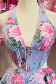 Floral Blue Corset Halter Printed Cut Out Short Cocktail Dress