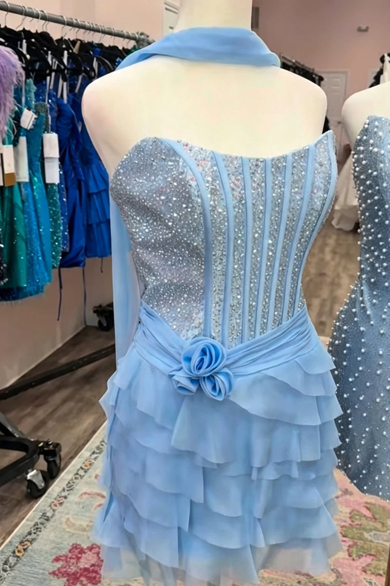 Load image into Gallery viewer, Light Blue Floral Corset Sparkly Strapless Ruffled Mini Cocktail Dress