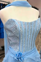 Load image into Gallery viewer, Light Blue Floral Corset Sparkly Strapless Ruffled Mini Cocktail Dress