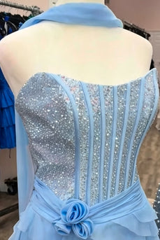 Light Blue Floral Corset Sparkly Strapless Ruffled Mini Cocktail Dress