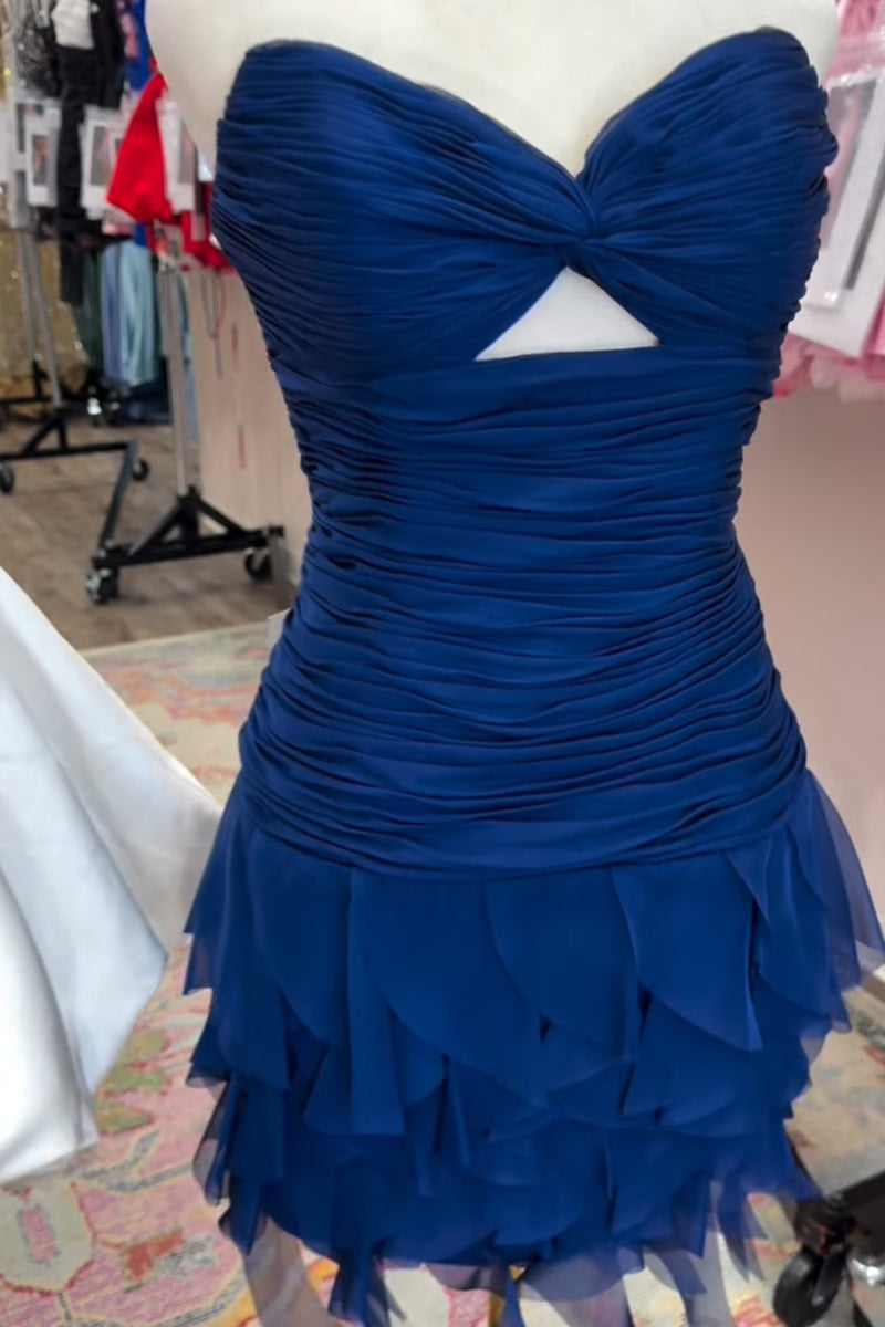 Load image into Gallery viewer, Navy Sweetheart Bodycon Ruched Short Cocktail Dress with Keyhole