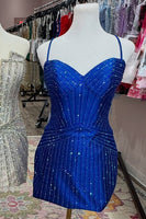 Load image into Gallery viewer, Royal Blue Sparkly Tight Spaghetti Straps Beaded Short Cocktail Dress