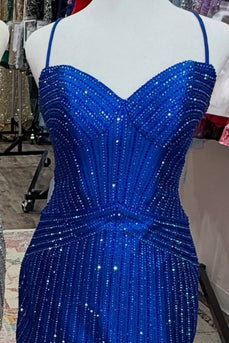 Royal Blue Sparkly Tight Spaghetti Straps Beaded Short Cocktail Dress