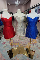 Load image into Gallery viewer, Royal Blue Sparkly Tight Spaghetti Straps Beaded Short Cocktail Dress