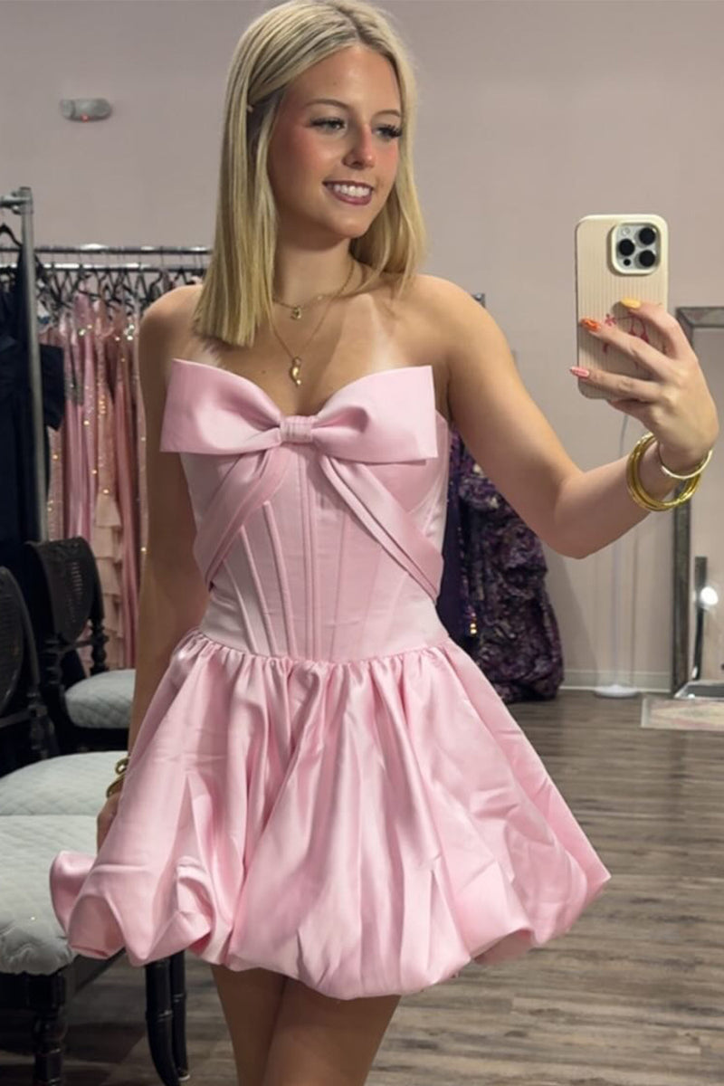 Load image into Gallery viewer, Pink Corset A Line Strapless Short Cocktail Dress with Bow