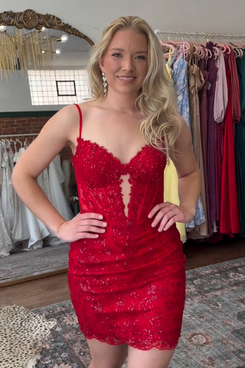 Load image into Gallery viewer, Sparkly Red Corset Bodycon Floral Short Cocktail Dress with Keyhole