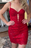 Load image into Gallery viewer, Sparkly Red Corset Bodycon Floral Short Cocktail Dress with Keyhole