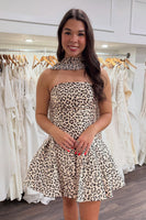 Load image into Gallery viewer, Champagne Leopard Strapless Printed Neck Scarf Short Cocktail Dress