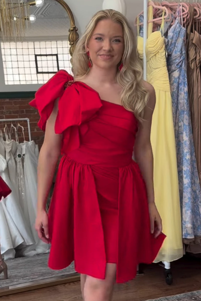 Load image into Gallery viewer, Red A Line One Shoulder Short Cocktail Dress with Bow