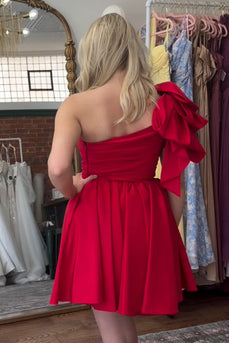 Red A Line One Shoulder Short Cocktail Dress with Bow