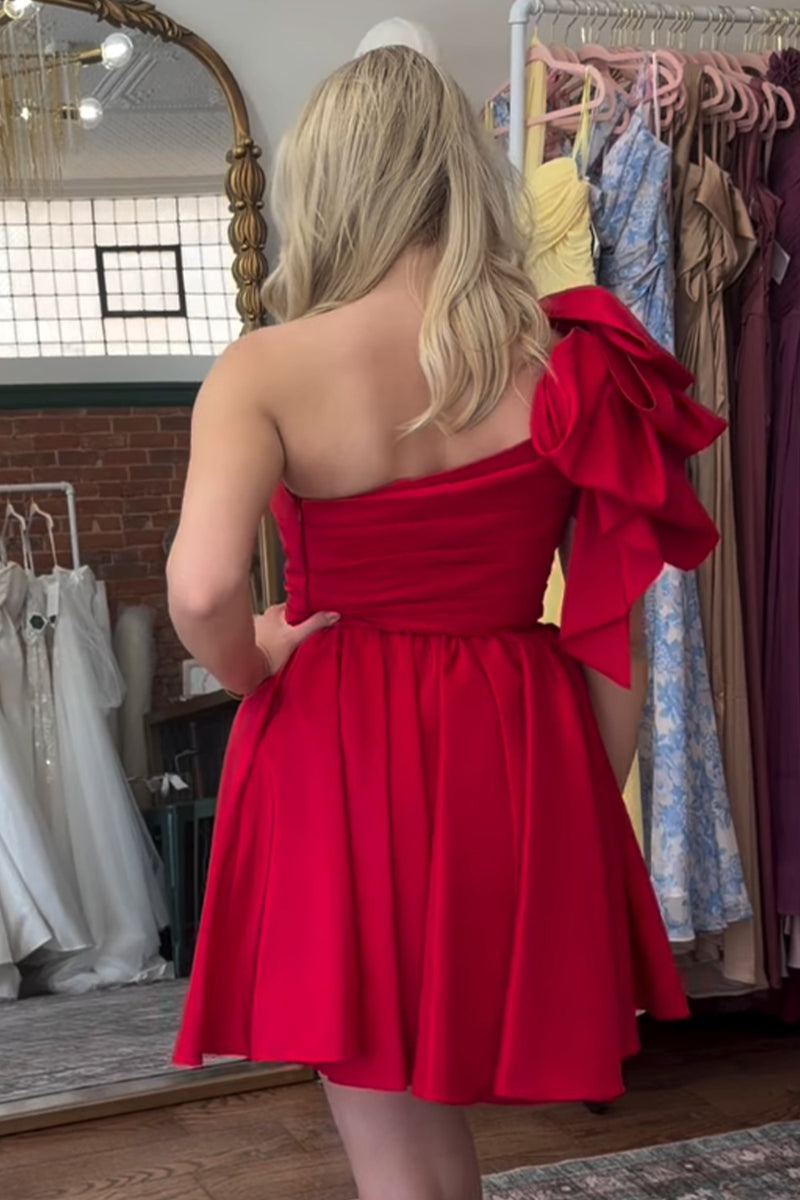 Load image into Gallery viewer, Red A Line One Shoulder Short Cocktail Dress with Bow