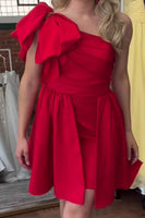 Load image into Gallery viewer, Red A Line One Shoulder Short Cocktail Dress with Bow