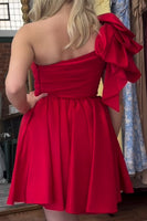Load image into Gallery viewer, Red A Line One Shoulder Short Cocktail Dress with Bow