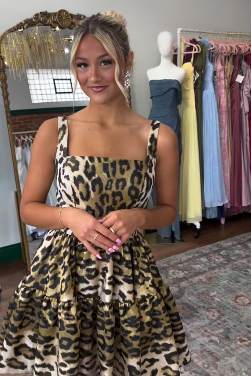 Load image into Gallery viewer, Gold Leopard Square Neck A Line Printed Short Cocktail Dress