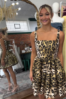 Gold Leopard Square Neck A Line Printed Short Cocktail Dress