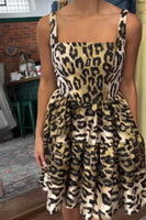 Load image into Gallery viewer, Gold Leopard Square Neck A Line Printed Short Cocktail Dress