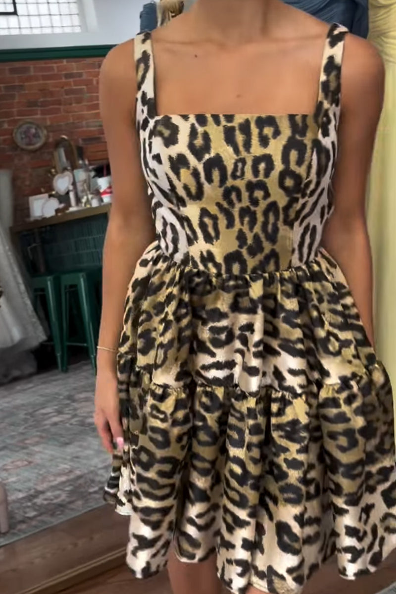 Load image into Gallery viewer, Gold Leopard Square Neck A Line Printed Short Cocktail Dress