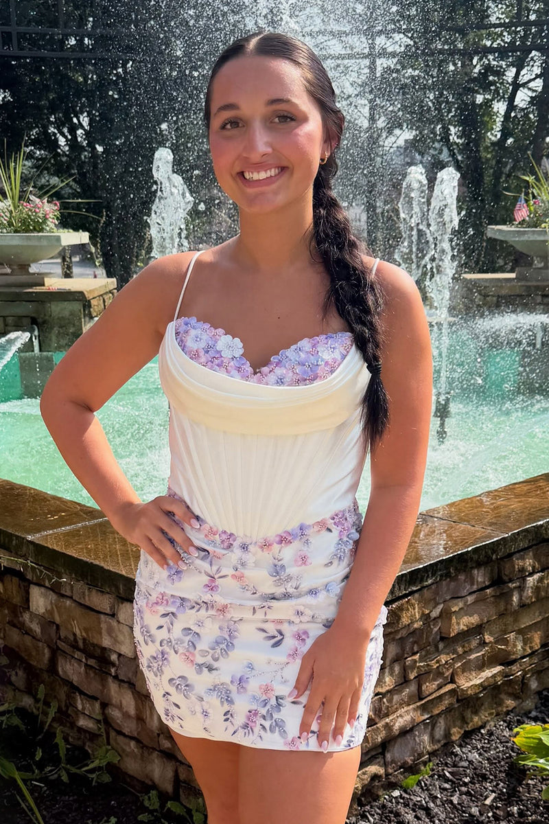 Load image into Gallery viewer, Floral White Corset Tight Spaghetti Straps Short Cocktail Dress