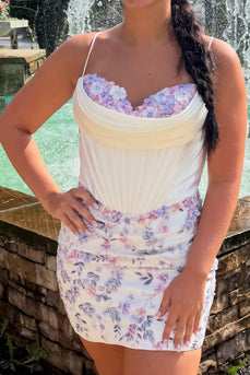 Floral White Corset Tight Spaghetti Straps Short Cocktail Dress