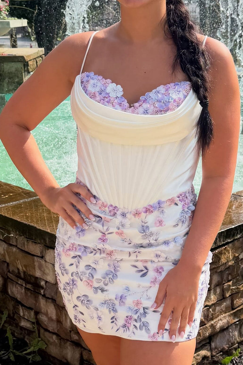 Load image into Gallery viewer, Floral White Corset Tight Spaghetti Straps Short Cocktail Dress
