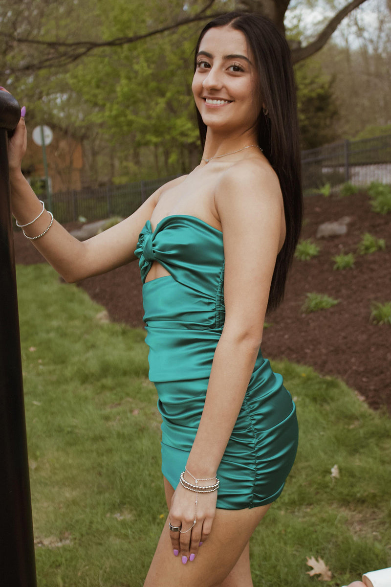 Load image into Gallery viewer, Green Bodycon Strapless Satin Short Cocktail Dress with Keyhole