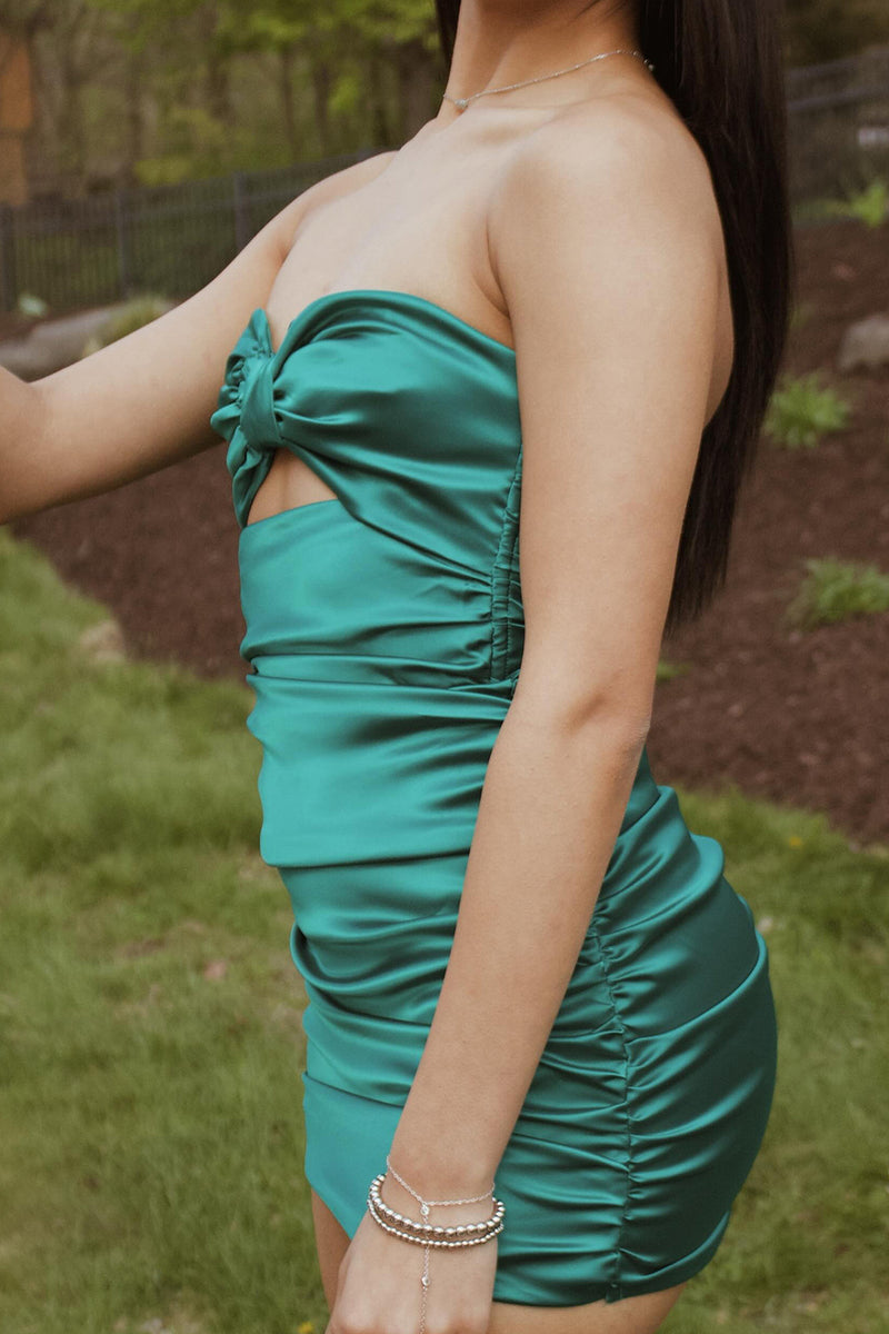 Load image into Gallery viewer, Green Bodycon Strapless Satin Short Cocktail Dress with Keyhole
