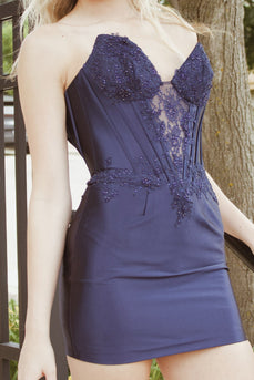 Navy Corset Tight Sparkly Sweetheart Short Cocktail Dress with Beading