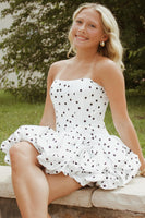 Load image into Gallery viewer, White Polka Dots Strapless A Line Mini Bubble Cocktail Dress