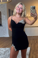 Load image into Gallery viewer, Sparkly Black Tight Spaghetti Straps Short Cocktail Dress with Rhinestone