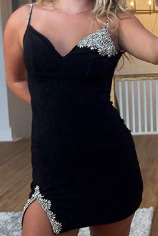 Sparkly Black Tight Spaghetti Straps Short Cocktail Dress with Rhinestone
