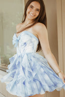 Load image into Gallery viewer, Floral Blue Corset Ruffled Sweetheart Short Cocktail Dress with Bow