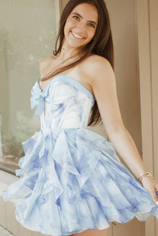 Floral Blue Corset Ruffled Sweetheart Short Cocktail Dress with Bow