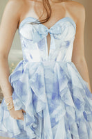 Load image into Gallery viewer, Floral Blue Corset Ruffled Sweetheart Short Cocktail Dress with Bow