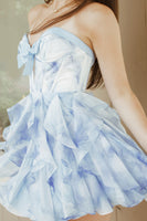 Load image into Gallery viewer, Floral Blue Corset Ruffled Sweetheart Short Cocktail Dress with Bow