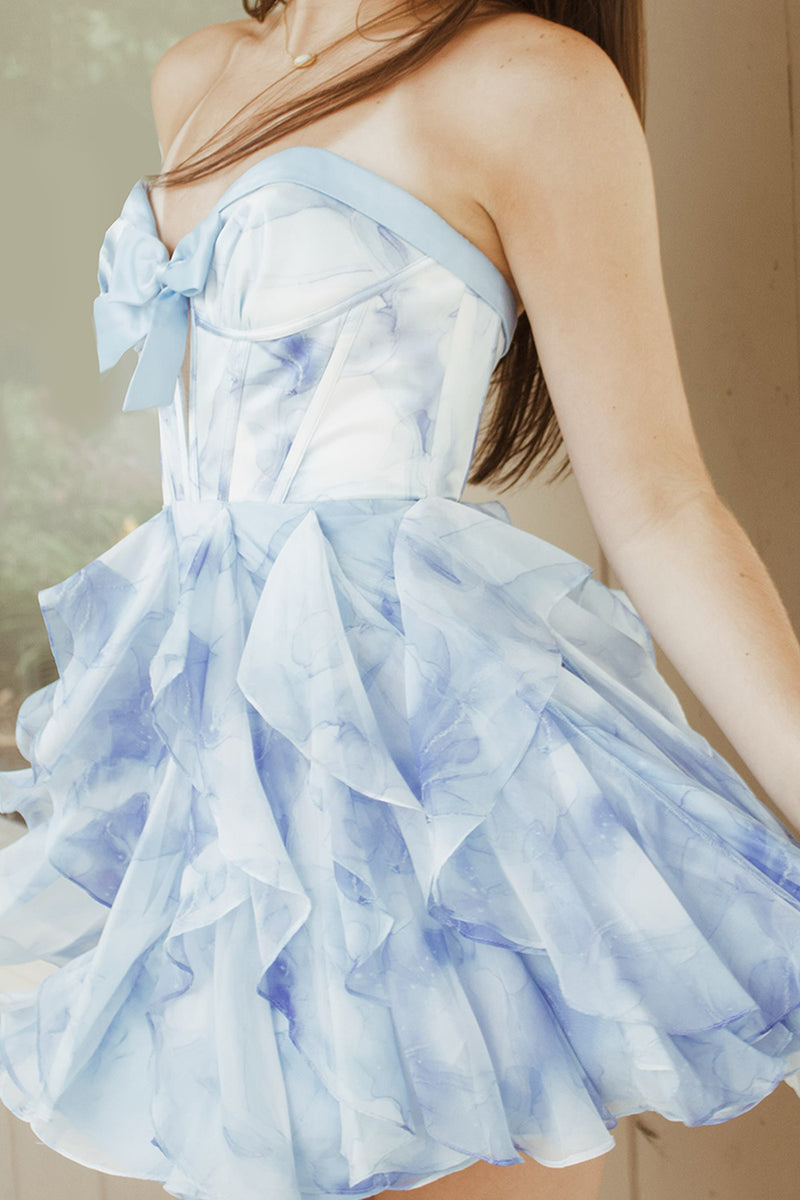 Load image into Gallery viewer, Floral Blue Corset Ruffled Sweetheart Short Cocktail Dress with Bow