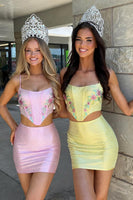 Load image into Gallery viewer, Sparkly Pink Two Piece Corset Spaghetti Straps Floral Short Cocktail Dress