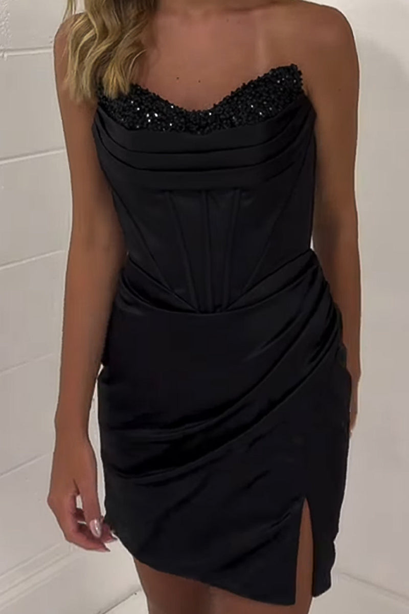 Load image into Gallery viewer, Black Corset Sparkly Bodycon Ruched Short Cocktail Dress with Slit