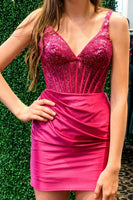 Load image into Gallery viewer, Hot Pink Corset Sparkly Bodycon Beaded Ruched Short Cocktail Dress