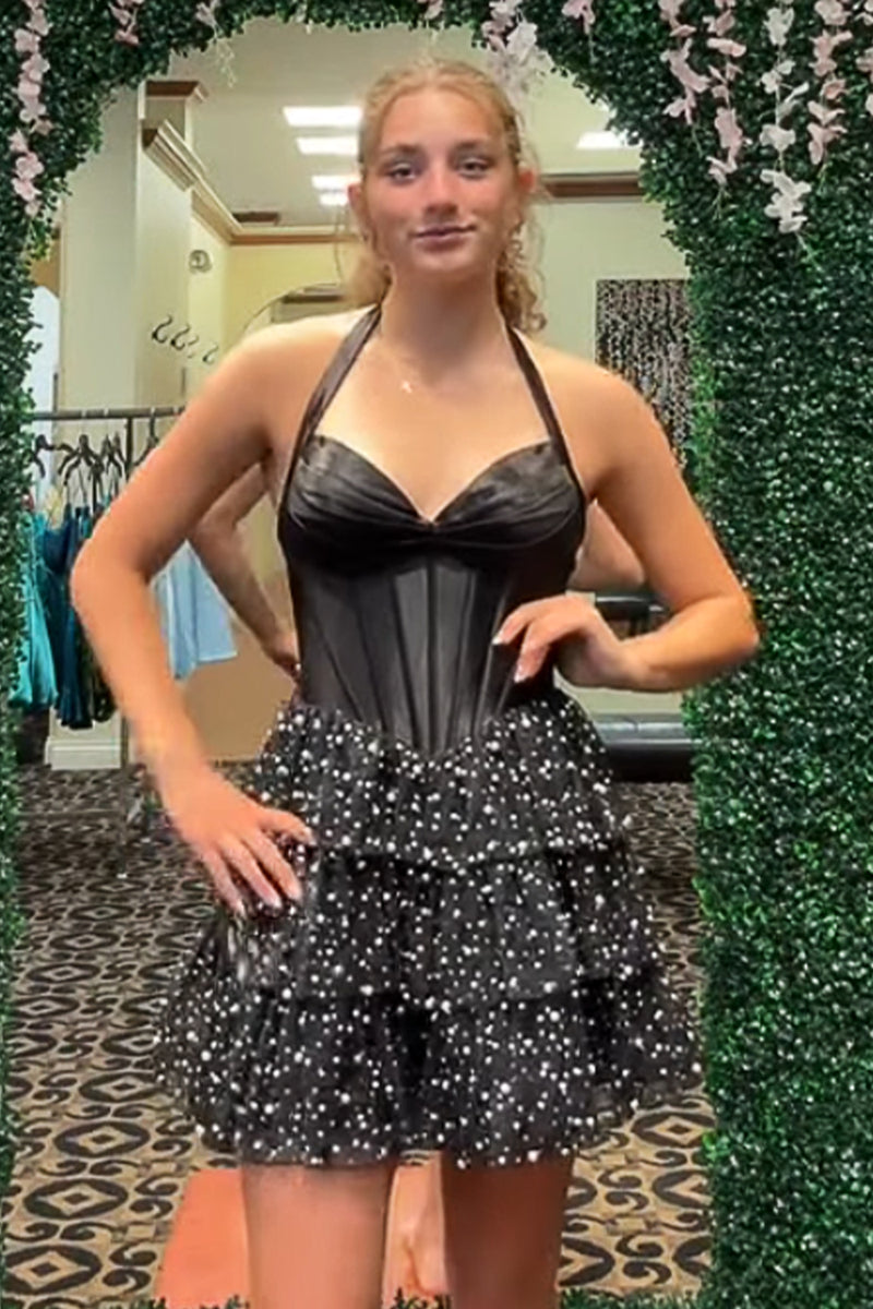Load image into Gallery viewer, Sparkly Black Corset Halter Ruffled Short Cocktail Dress with Pearls