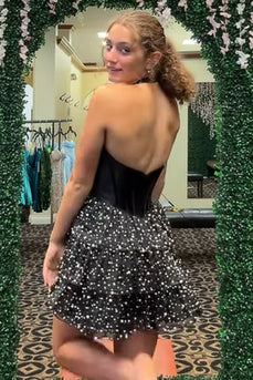 Sparkly Black Corset Halter Ruffled Short Cocktail Dress with Pearls