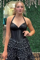 Load image into Gallery viewer, Sparkly Black Corset Halter Ruffled Short Cocktail Dress with Pearls