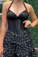 Load image into Gallery viewer, Sparkly Black Corset Halter Ruffled Short Cocktail Dress with Pearls