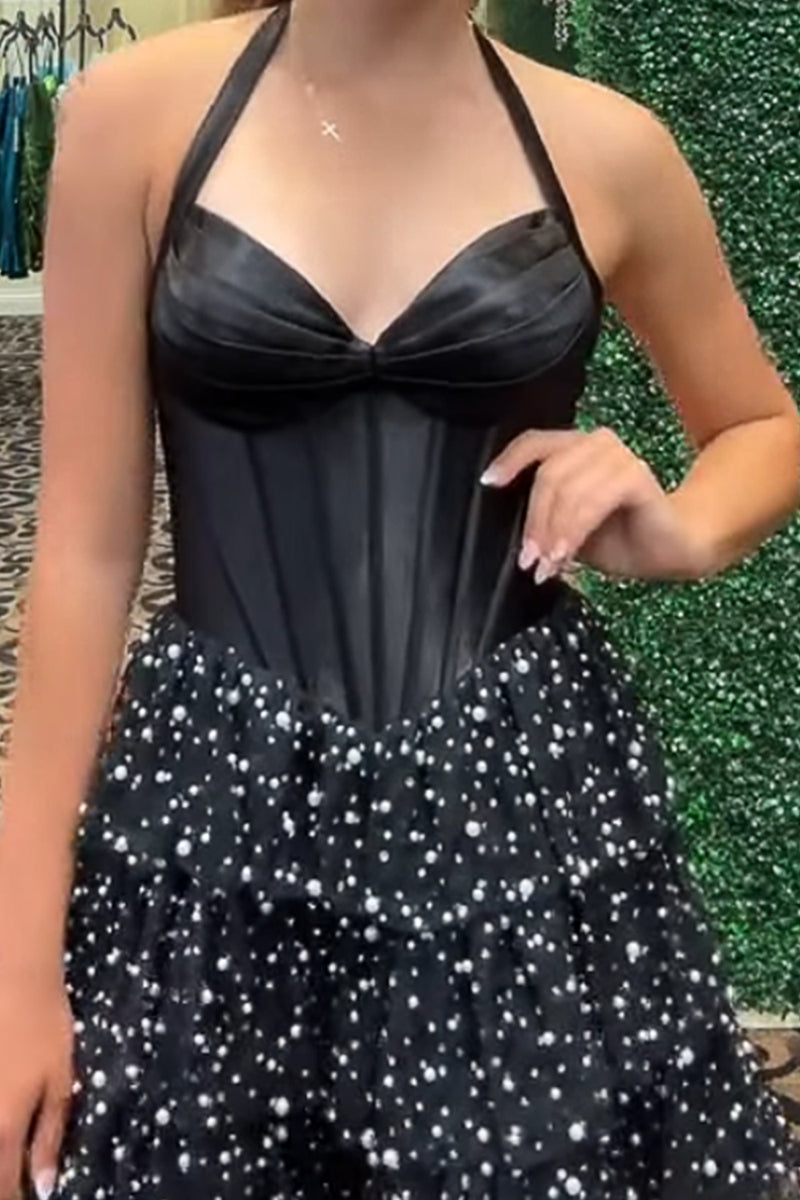 Load image into Gallery viewer, Sparkly Black Corset Halter Ruffled Short Cocktail Dress with Pearls