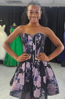 Load image into Gallery viewer, Black Corset Sweetheart Floral Short Cocktail Dress