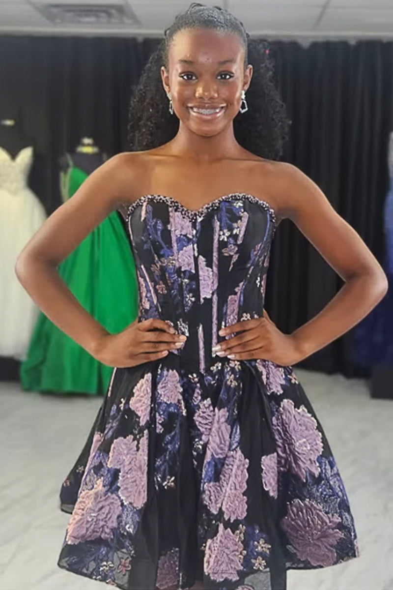 Load image into Gallery viewer, Black Corset Sweetheart Floral Short Cocktail Dress