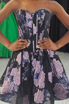 Black Corset Sweetheart Floral Short Cocktail Dress