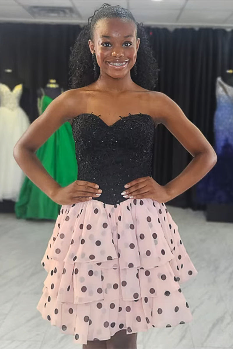 Load image into Gallery viewer, Pink and Black Floral Sweetheart Ruffled Polka Dots Short Cocktail Dress